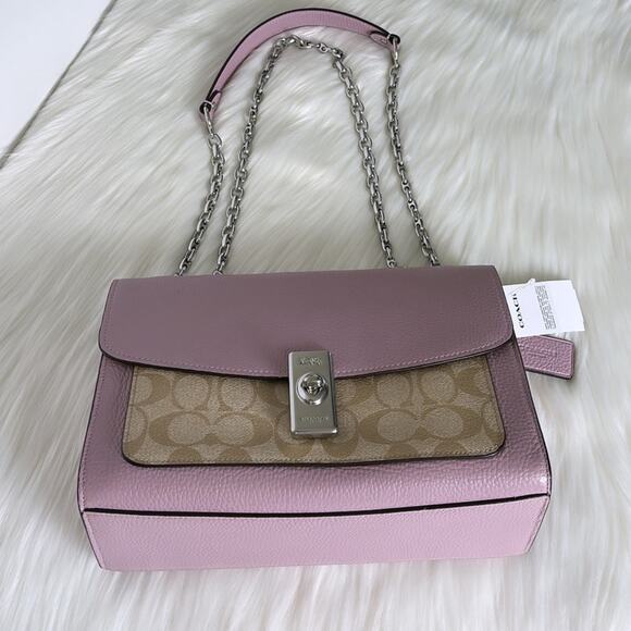 NWT Coach Lane Shoulder Bag In Signature Canvas/PebbleLeather/ Khaki-Purple - Picture 5 of 12